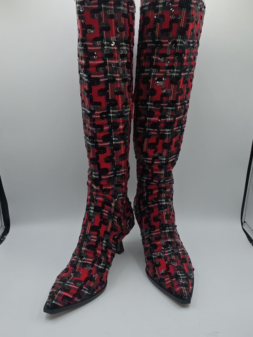 Betsey Johnson Psmella Red Plaid Black Sequin Knee-High Pointed Toe Boots